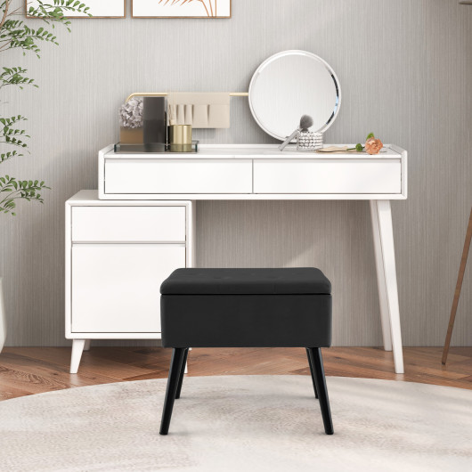 Velvet Storage Ottoman with Hinged Lid and Solid Wood Legs