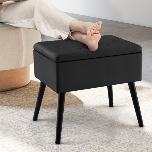 Velvet Storage Ottoman with Hinged Lid and Solid Wood Legs