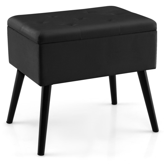 Velvet Storage Ottoman with Hinged Lid and Solid Wood Legs