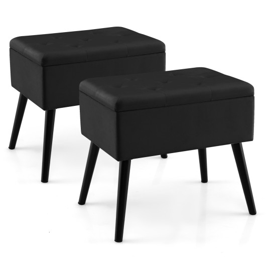 Velvet Storage Ottoman with Hinged Lid and Solid Wood Legs