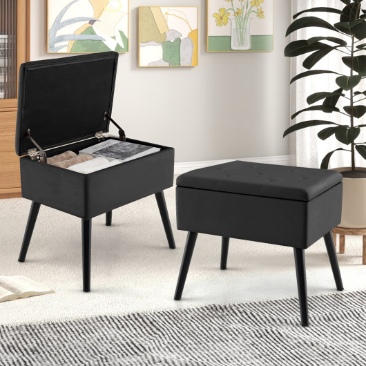 Velvet Storage Ottoman with Hinged Lid and Solid Wood Legs