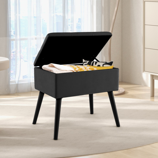 Velvet Storage Ottoman with Hinged Lid and Solid Wood Legs