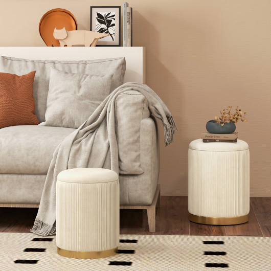 Stackable Velvet Linen Storage Ottomans with Gold Trim (Set of 2)