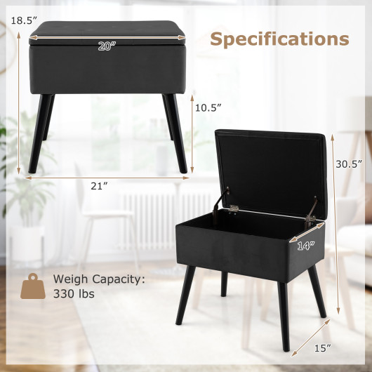 Velvet Storage Ottoman with Hinged Lid and Solid Wood Legs