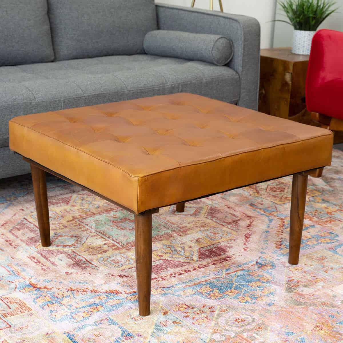 Tan Leather Mid-Century Tufted Ottoman with Solid Wood Legs