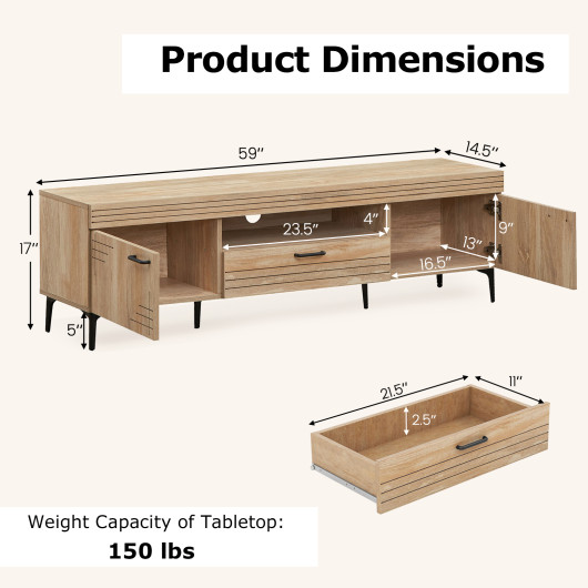 Oak TV Stand with Cabinets and Drawer for 65 Inch TVs