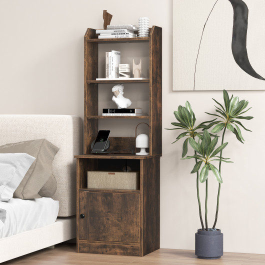 Tall Side Table with 5 Shelves, Cabinet, and Charging Station