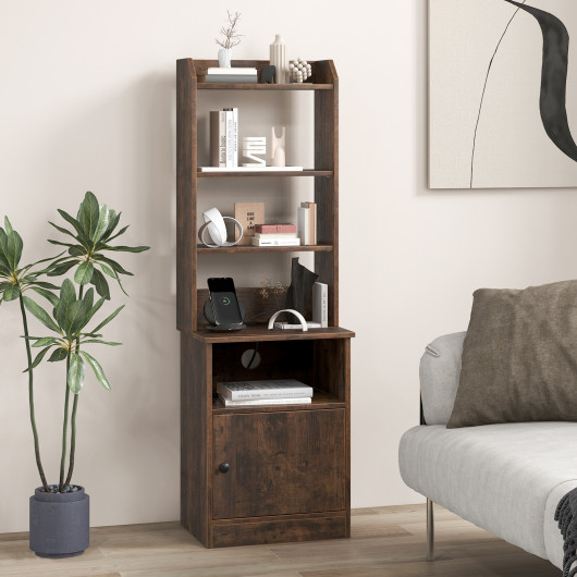 Tall Side Table with 5 Shelves, Cabinet, and Charging Station