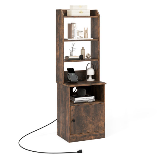 Tall Side Table with 5 Shelves, Cabinet, and Charging Station