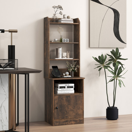 Tall Side Table with 5 Shelves, Cabinet, and Charging Station
