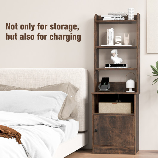 Tall Side Table with 5 Shelves, Cabinet, and Charging Station