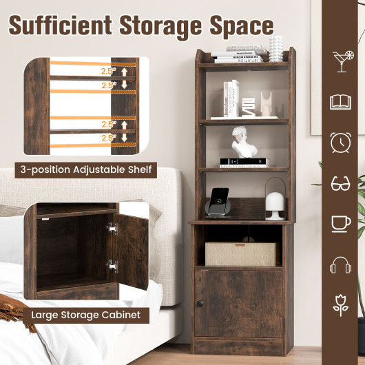 Tall Side Table with 5 Shelves, Cabinet, and Charging Station