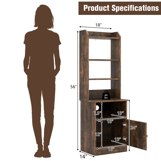 Tall Side Table with 5 Shelves, Cabinet, and Charging Station