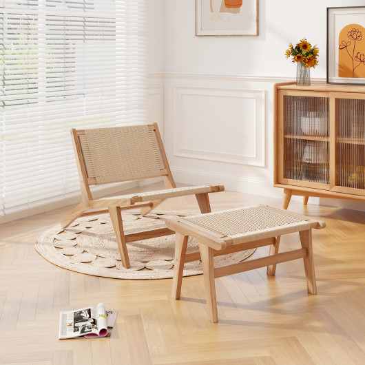 Teak Wood Ottoman with Braided Rope for Living Room