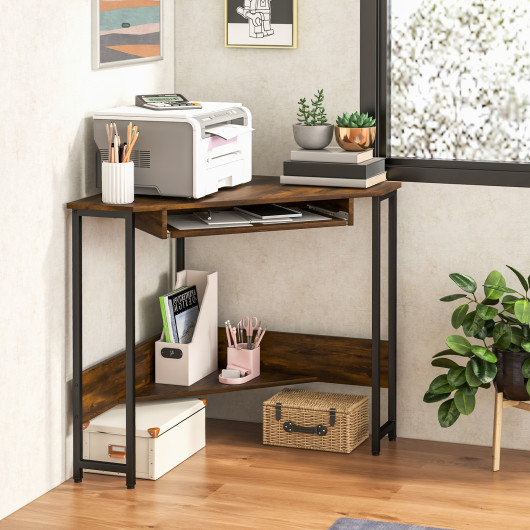 Rustic Brown Corner Desk with Charging Station and Storage Shelf
