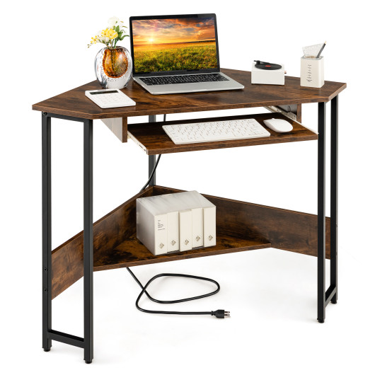 Rustic Brown Corner Desk with Charging Station and Storage Shelf