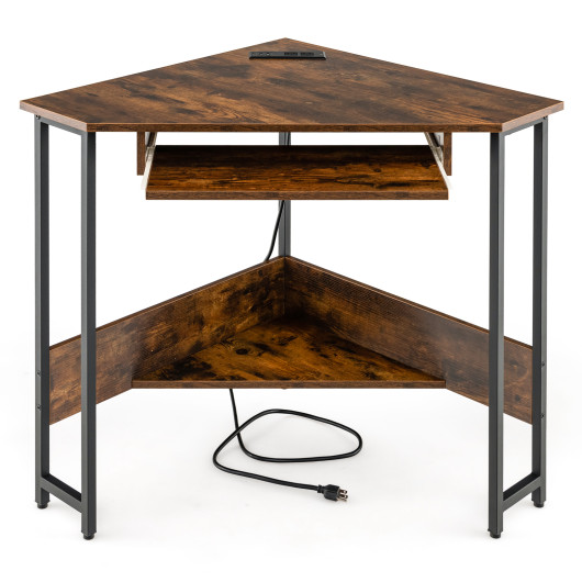 Rustic Brown Corner Desk with Charging Station and Storage Shelf