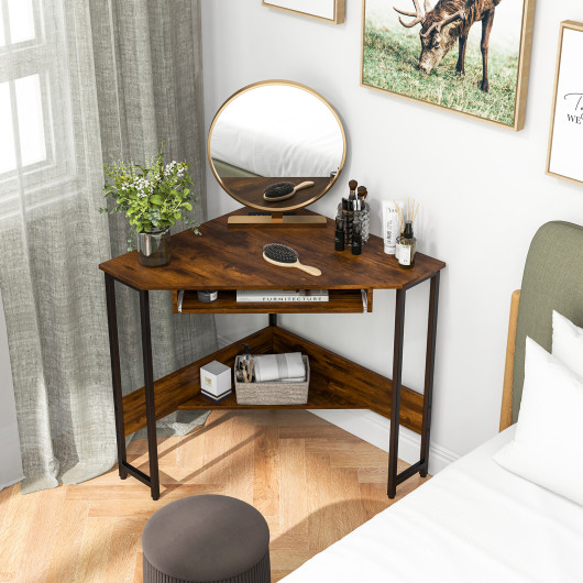 Rustic Brown Corner Desk with Charging Station and Storage Shelf