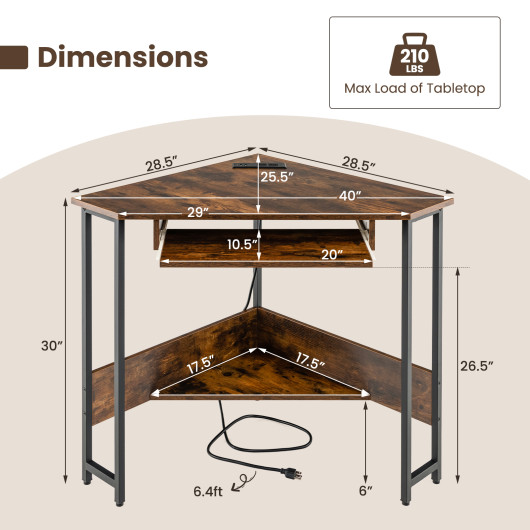 Rustic Brown Corner Desk with Charging Station and Storage Shelf
