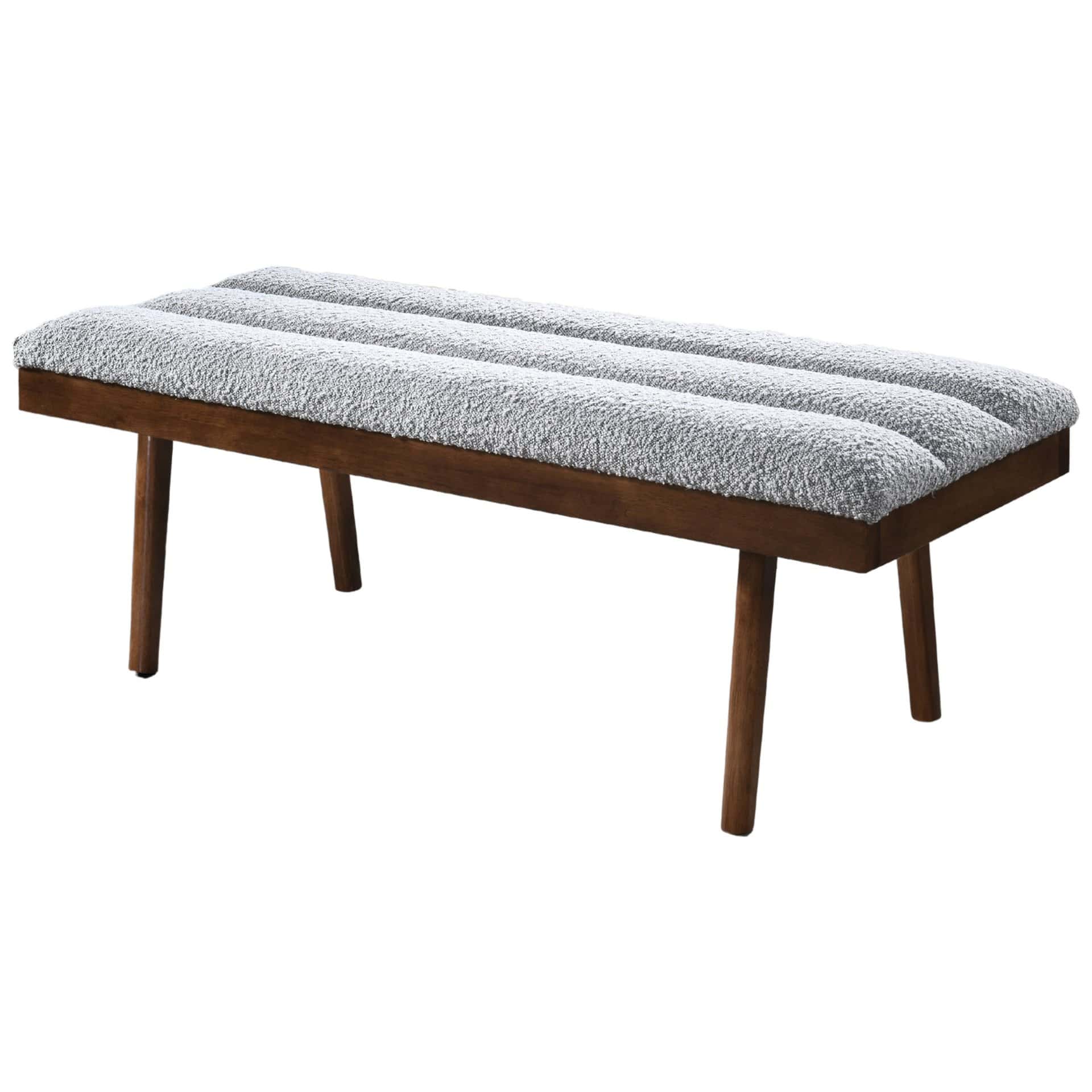 Light Gray Boucle Mid-Century Modern Upholstered Bench