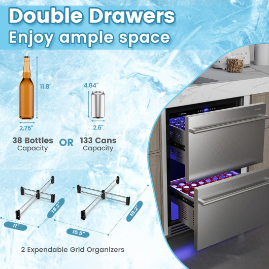 Under Counter Dual Drawer Fridge with Adjustable Temperature Silver - Image 7