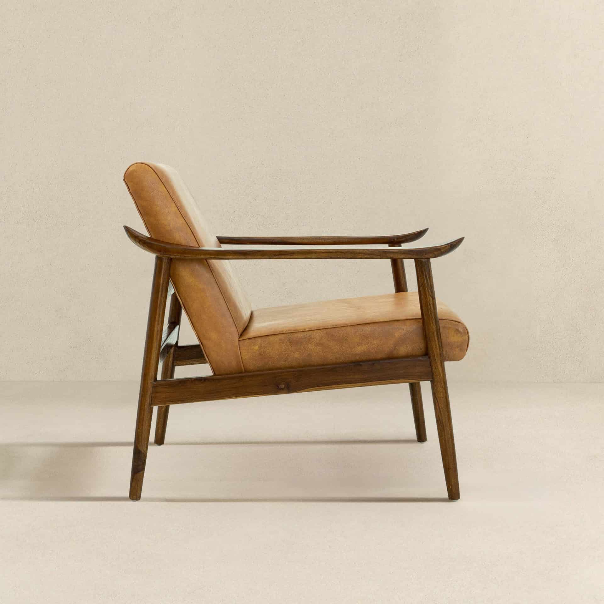 Tan Leather Mid-Century Modern Lounge Chair With Rolled Arms