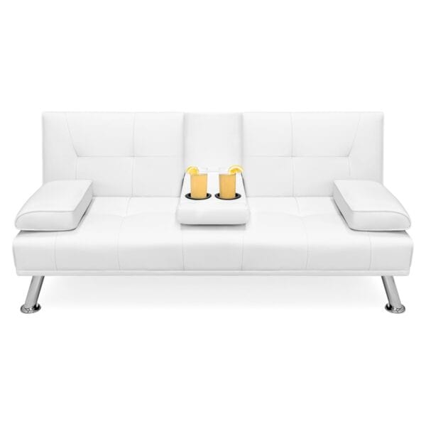 White Faux Leather Convertible Futon with Cup Holders