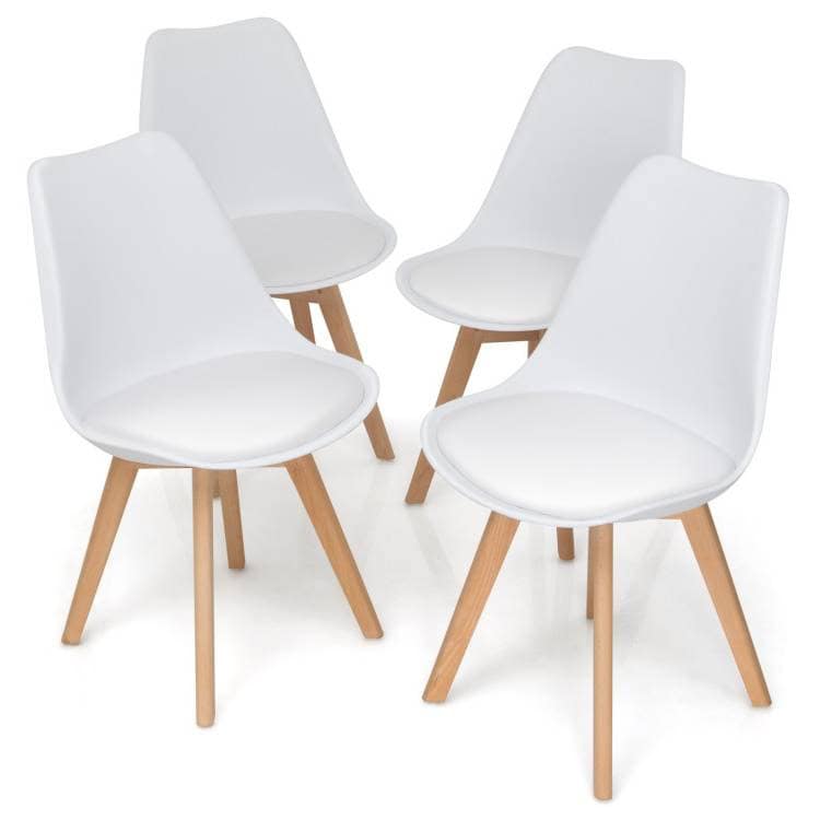 Modern White PU Leather Dining Chairs with Wood Legs (Set of 4)