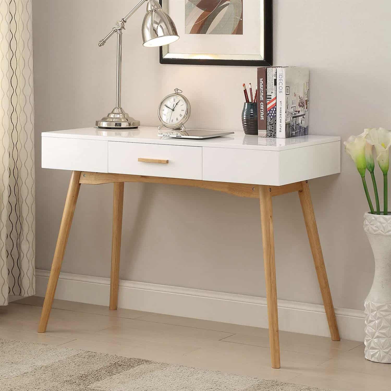 White Laptop Desk with Mid-Century Natural Wood Legs