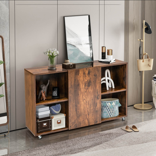 Rustic Mobile Storage Cabinet with Wheels and Six Compartments