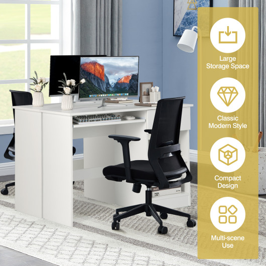 White Wooden Computer Desk with Keyboard Tray and Storage Shelves