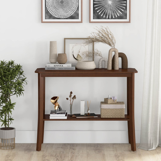 Rustic 2 Tier Wooden Console Table with Open Storage Shelf