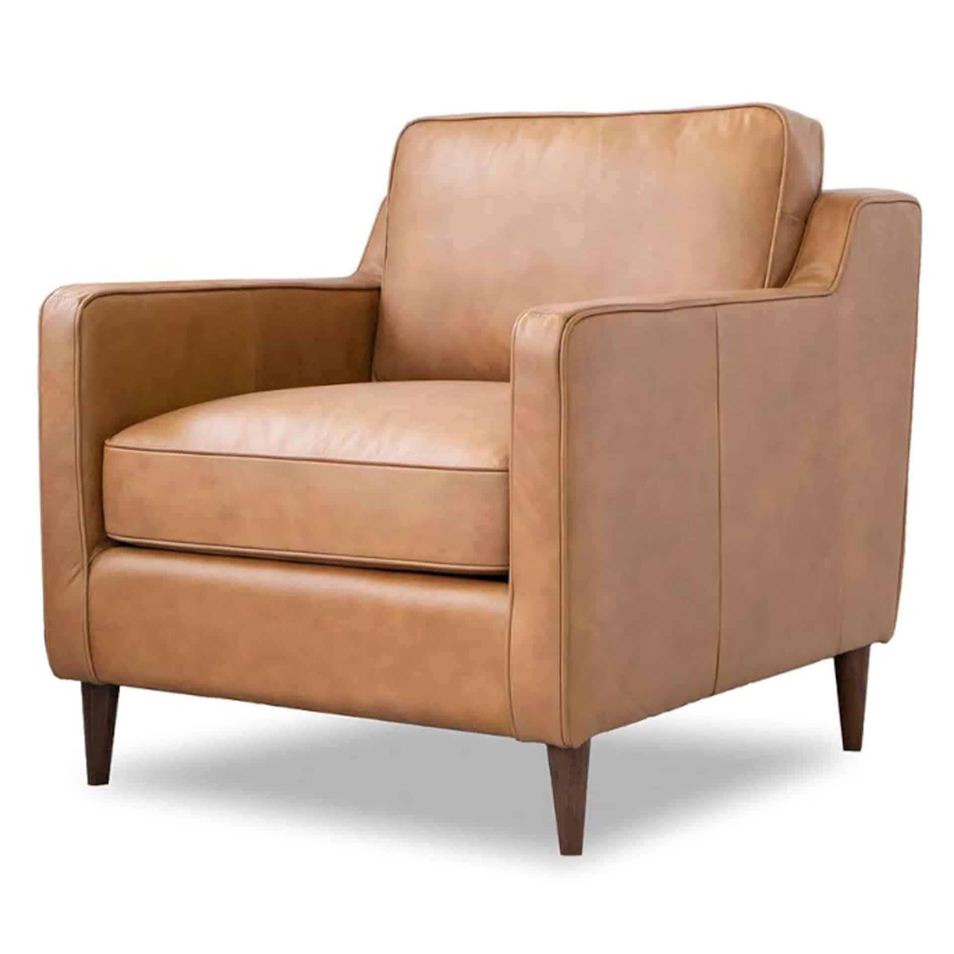 Tan Leather Mid-Century Modern Armchair with Walnut-Finished Legs