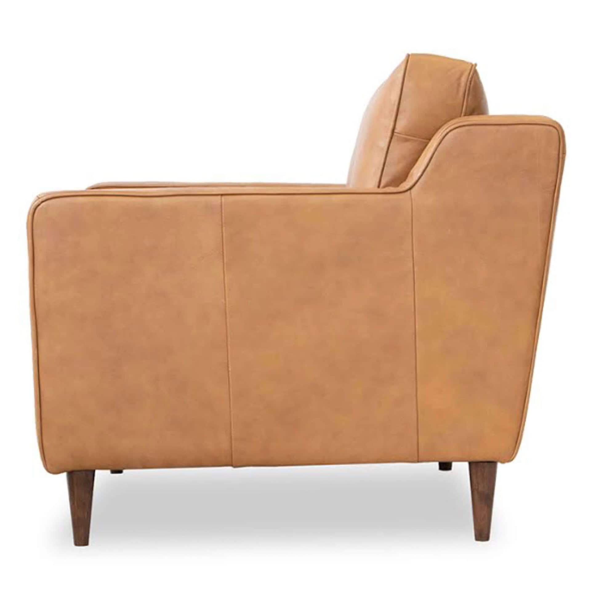 Tan Leather Mid-Century Modern Armchair with Walnut-Finished Legs