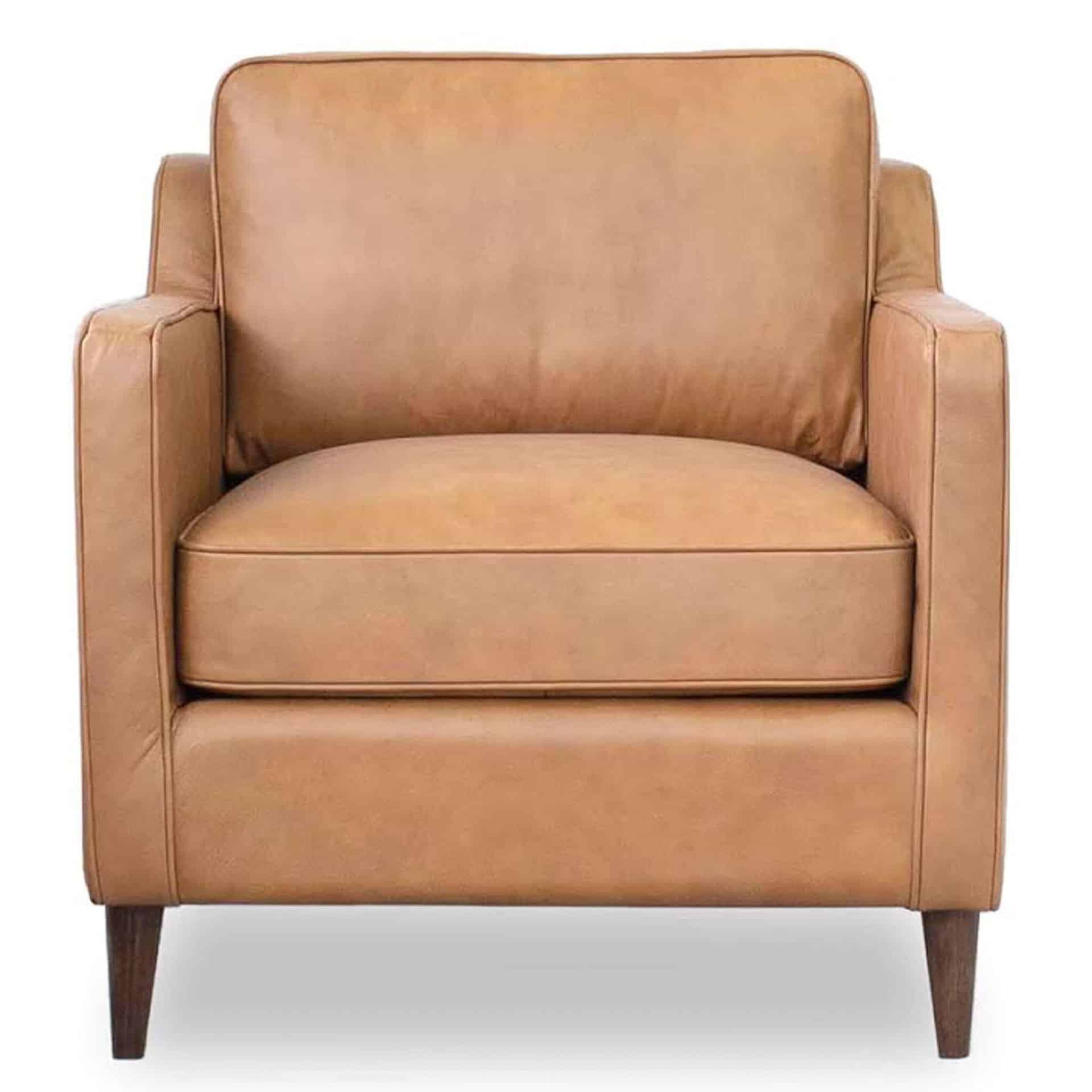 Tan Leather Mid-Century Modern Armchair with Walnut-Finished Legs