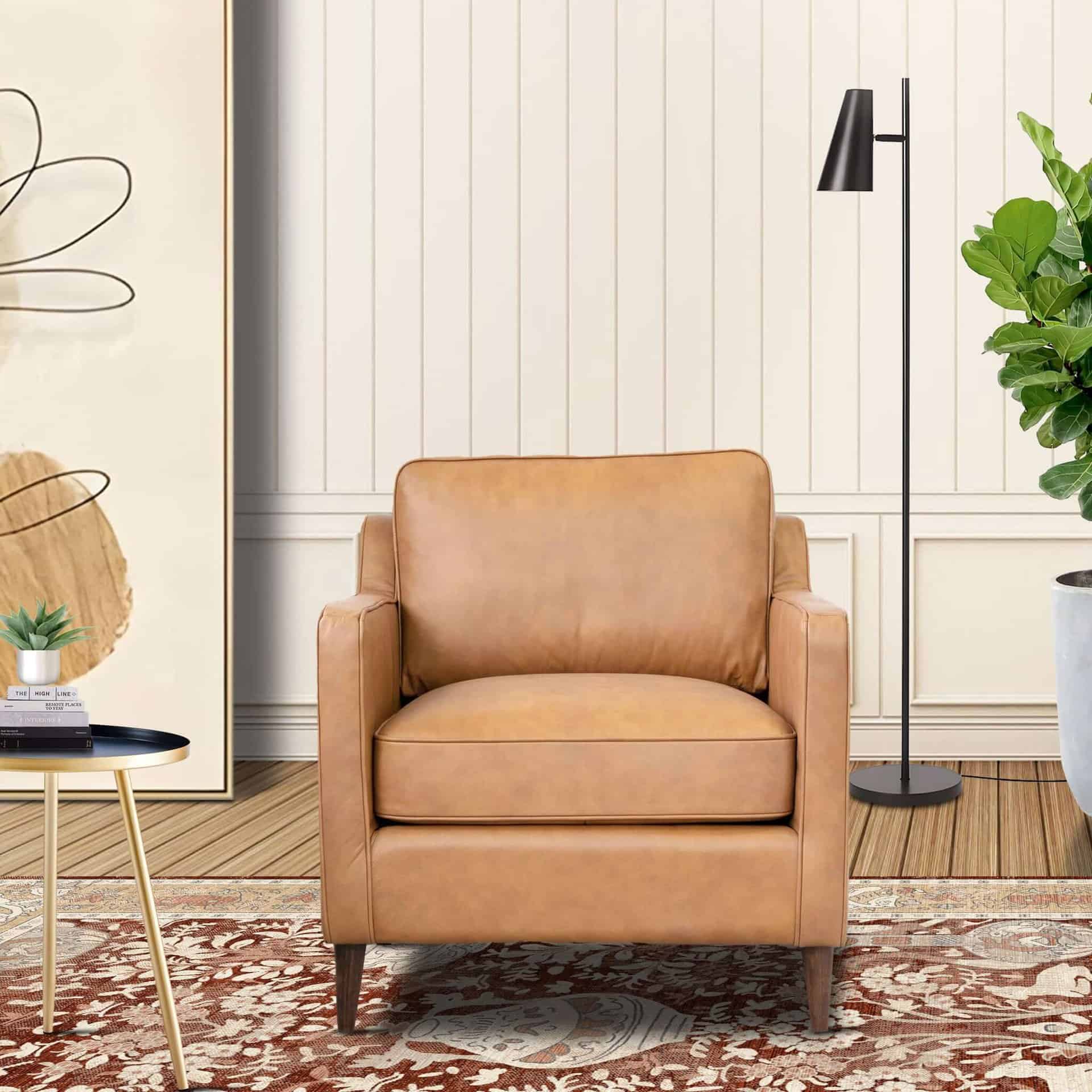 Tan Leather Mid-Century Modern Armchair with Walnut-Finished Legs