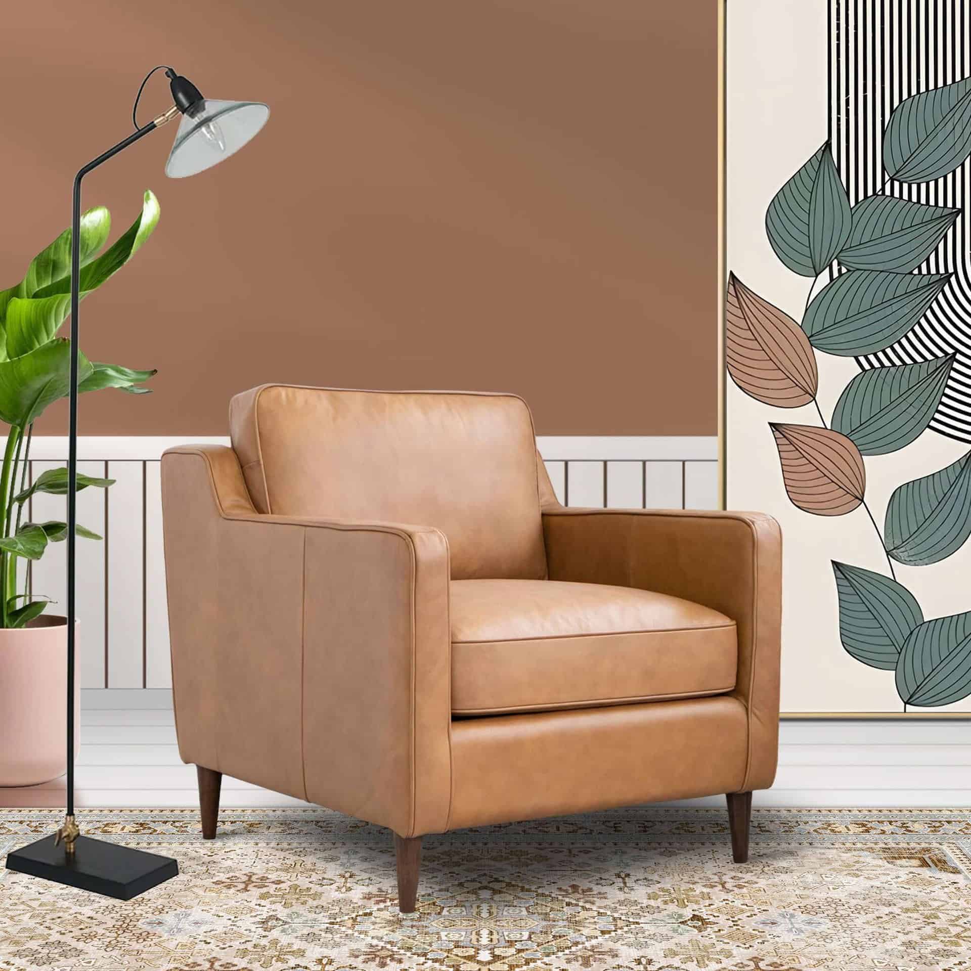 Tan Leather Mid-Century Modern Armchair with Walnut-Finished Legs