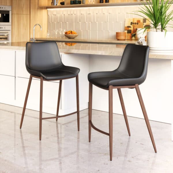 Black Faux Leather Counter Stools with Walnut Legs and Footrests (Set of 2)