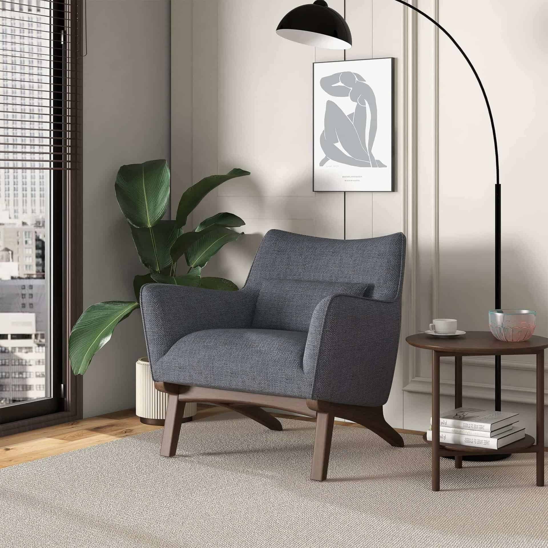 Grey Linen Mid Century Modern Armchair for Living Room
