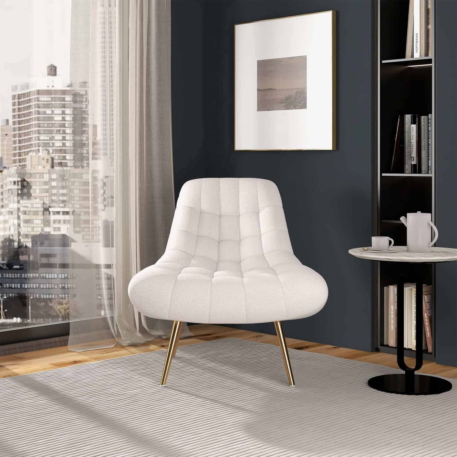 White Boucle Mid-Century Modern Lounge Chair