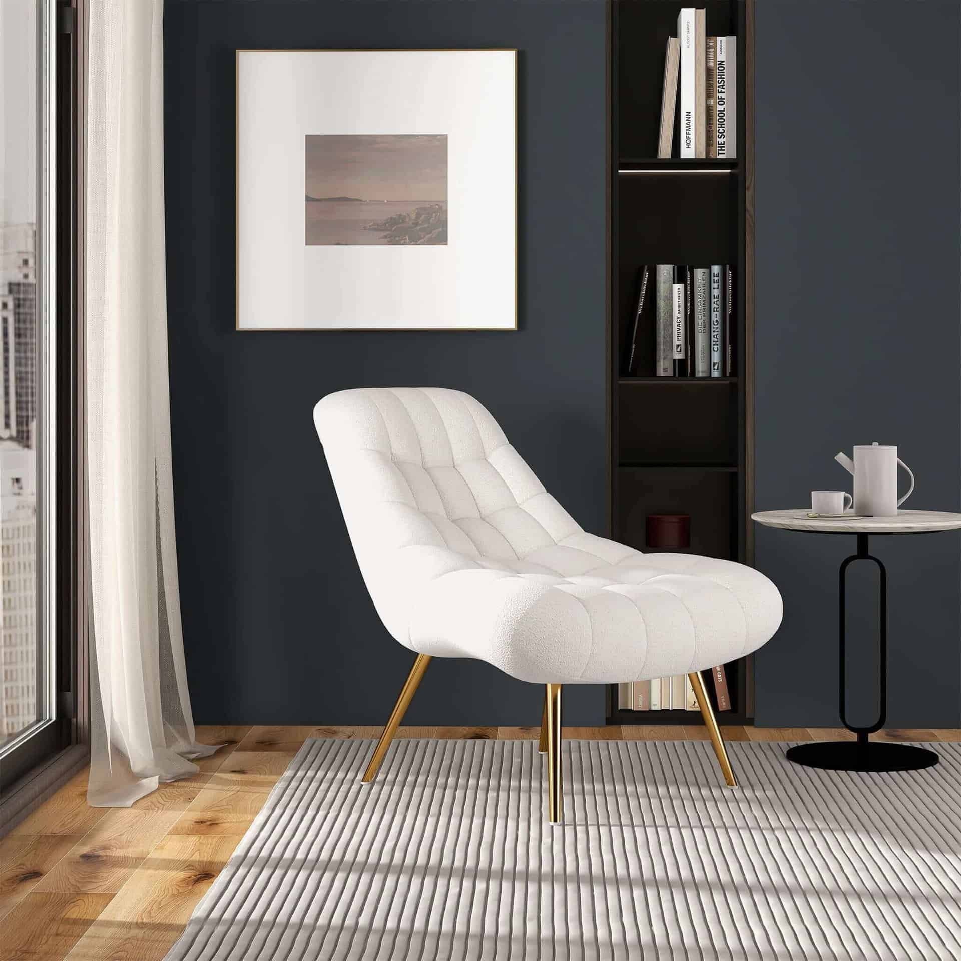 White Boucle Mid-Century Modern Lounge Chair