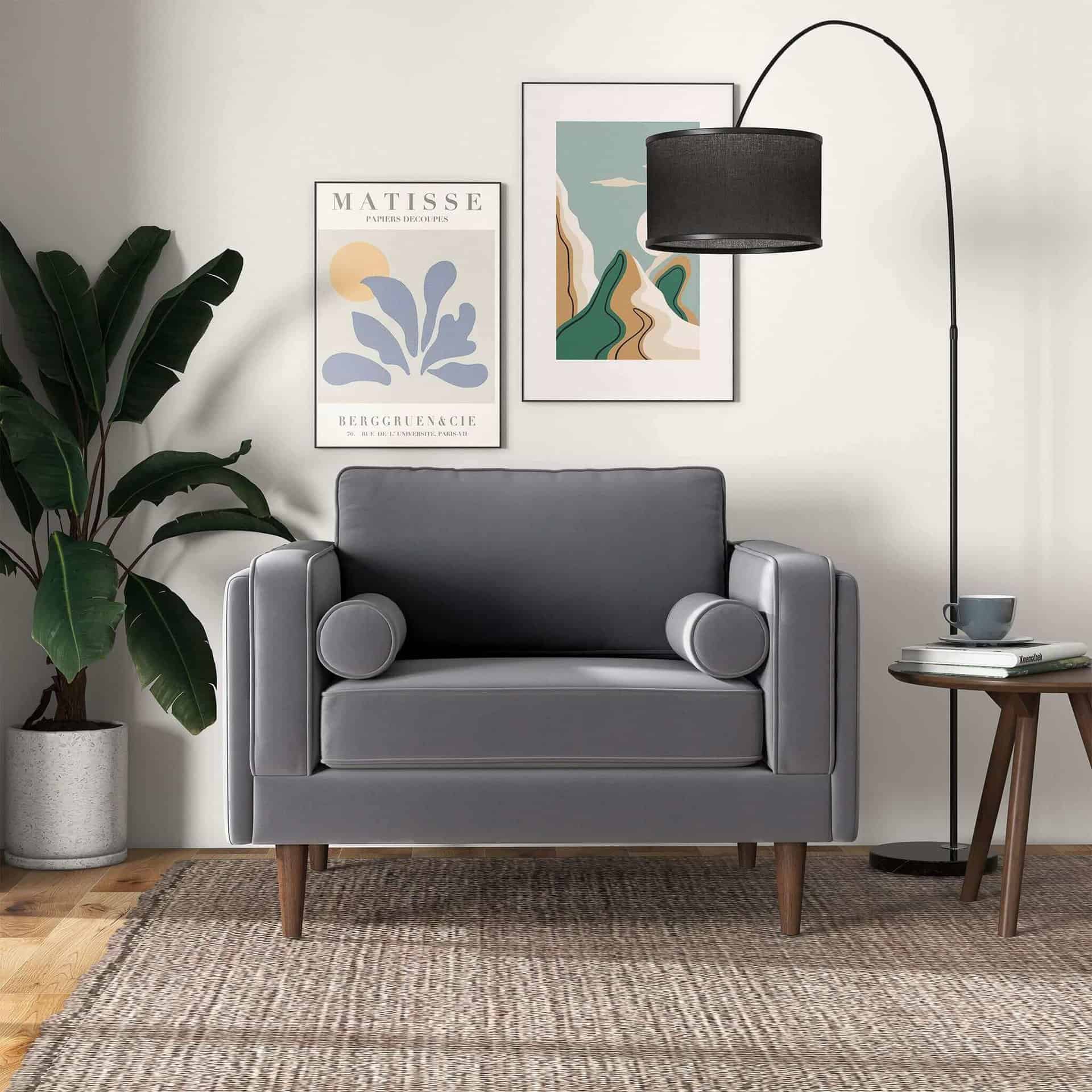 Grey Velvet Mid-Century Armchair with Walnut-Finished Legs