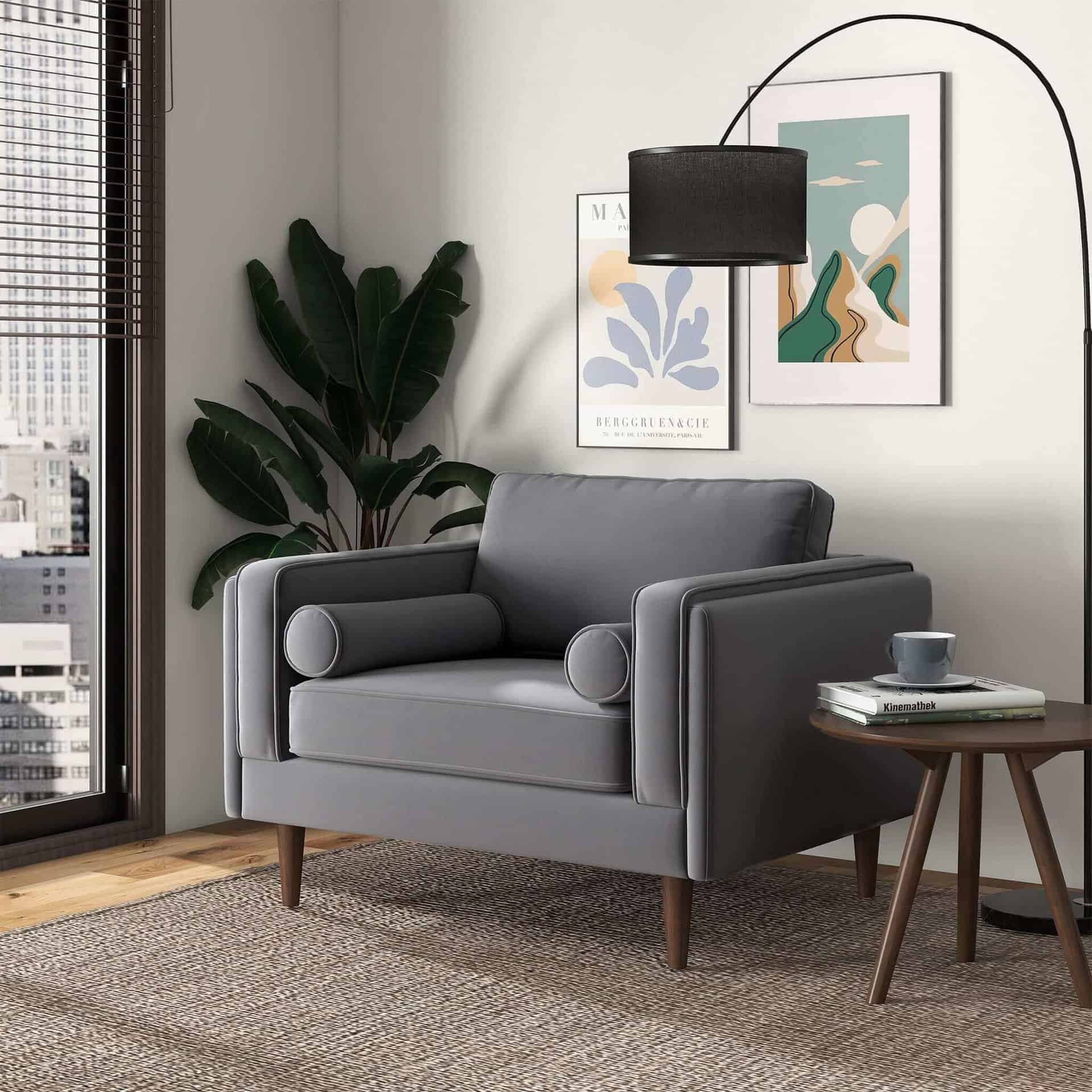 Grey Velvet Mid-Century Armchair with Walnut-Finished Legs