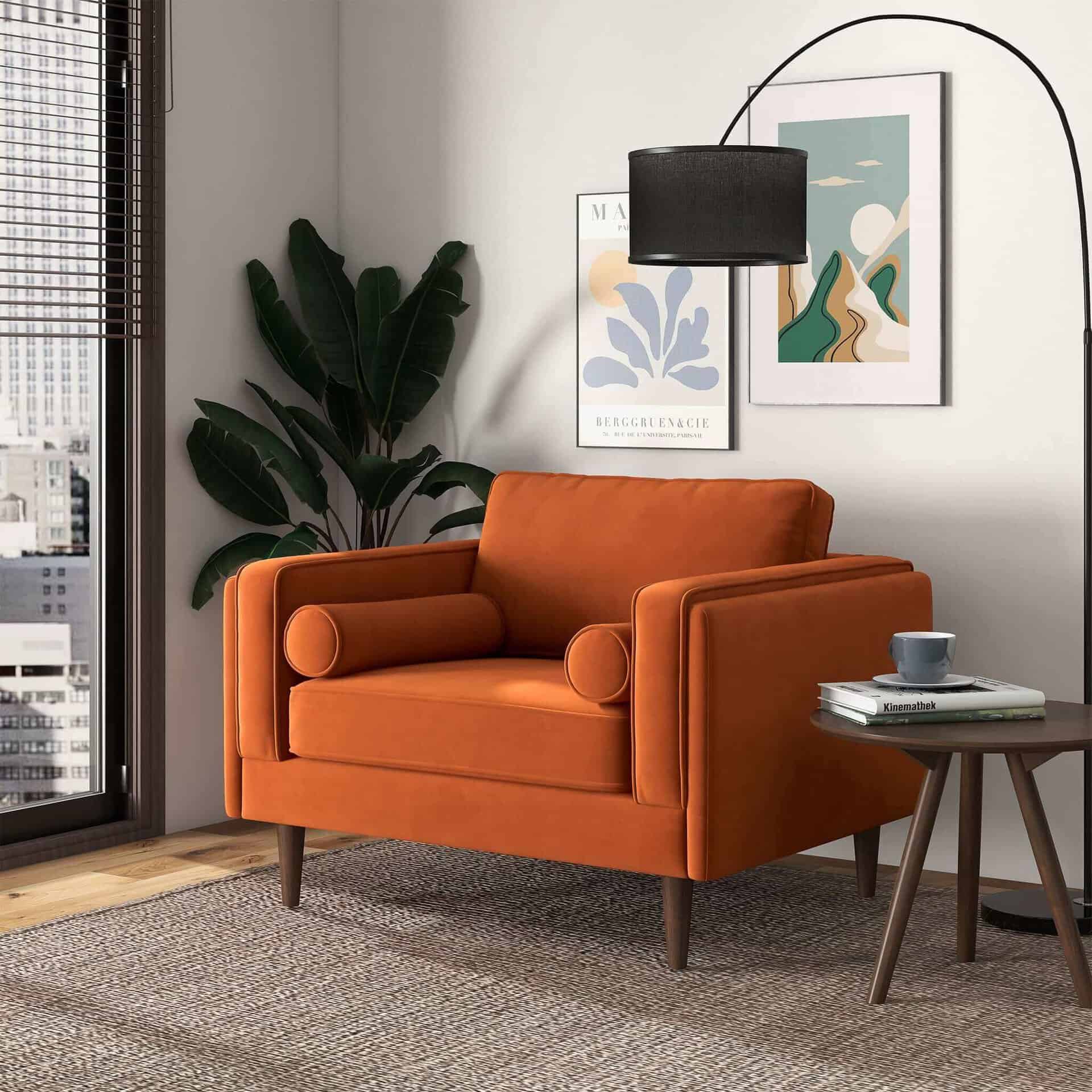 Orange Velvet Mid-Century Modern Lounge Chair with Walnut Legs