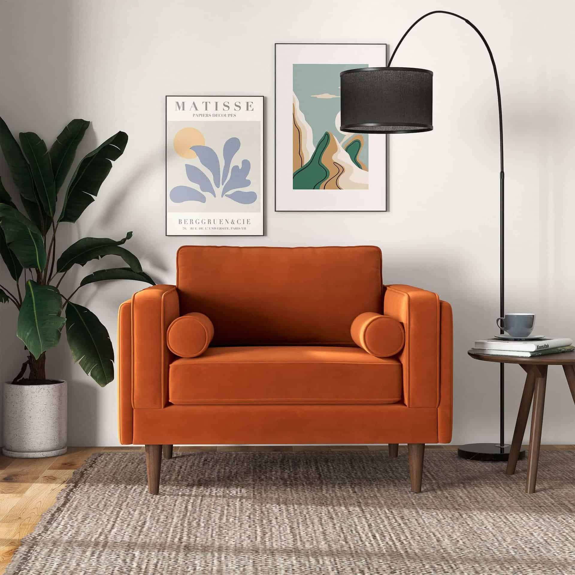 Orange Velvet Mid-Century Modern Lounge Chair with Walnut Legs