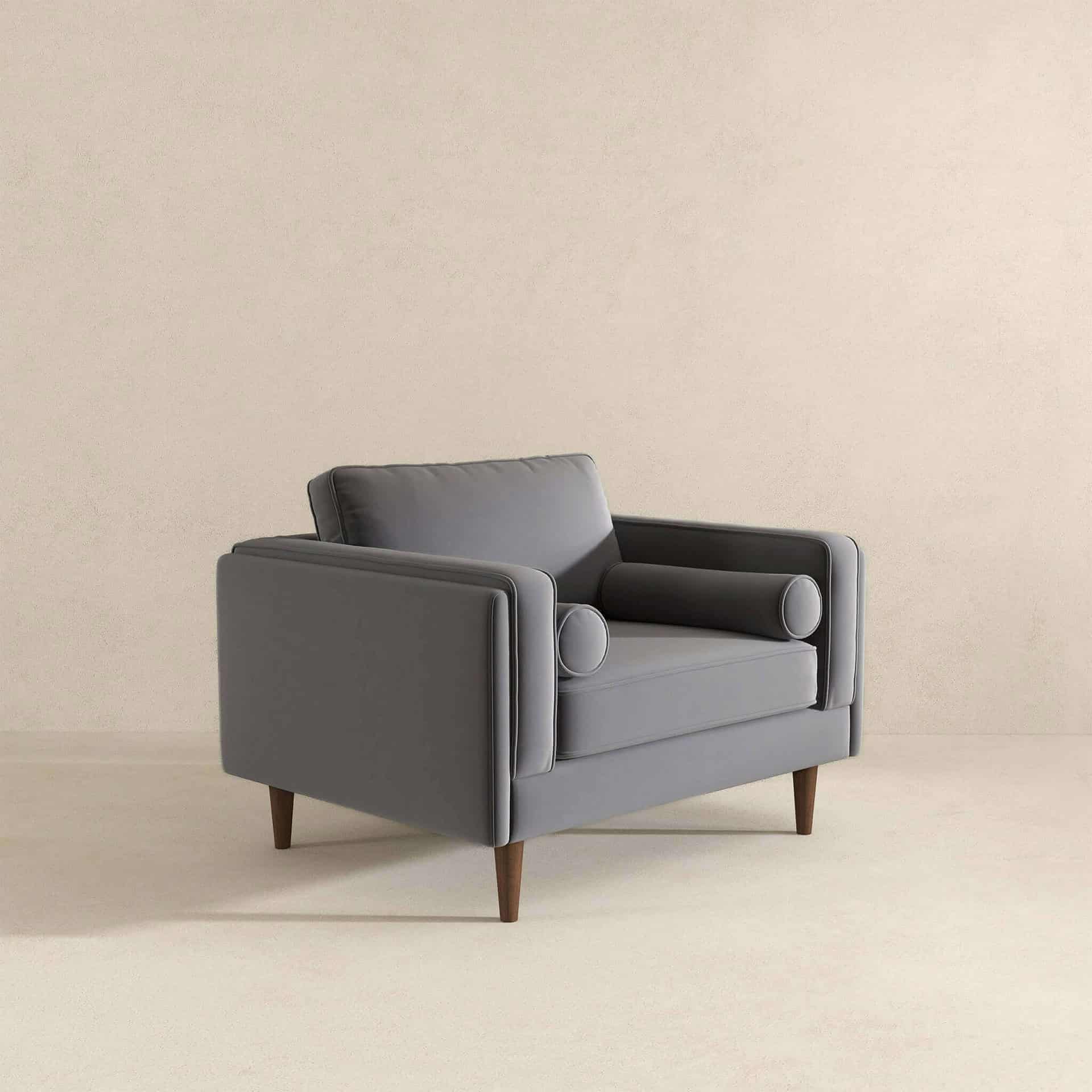 Grey Velvet Mid-Century Armchair with Walnut-Finished Legs