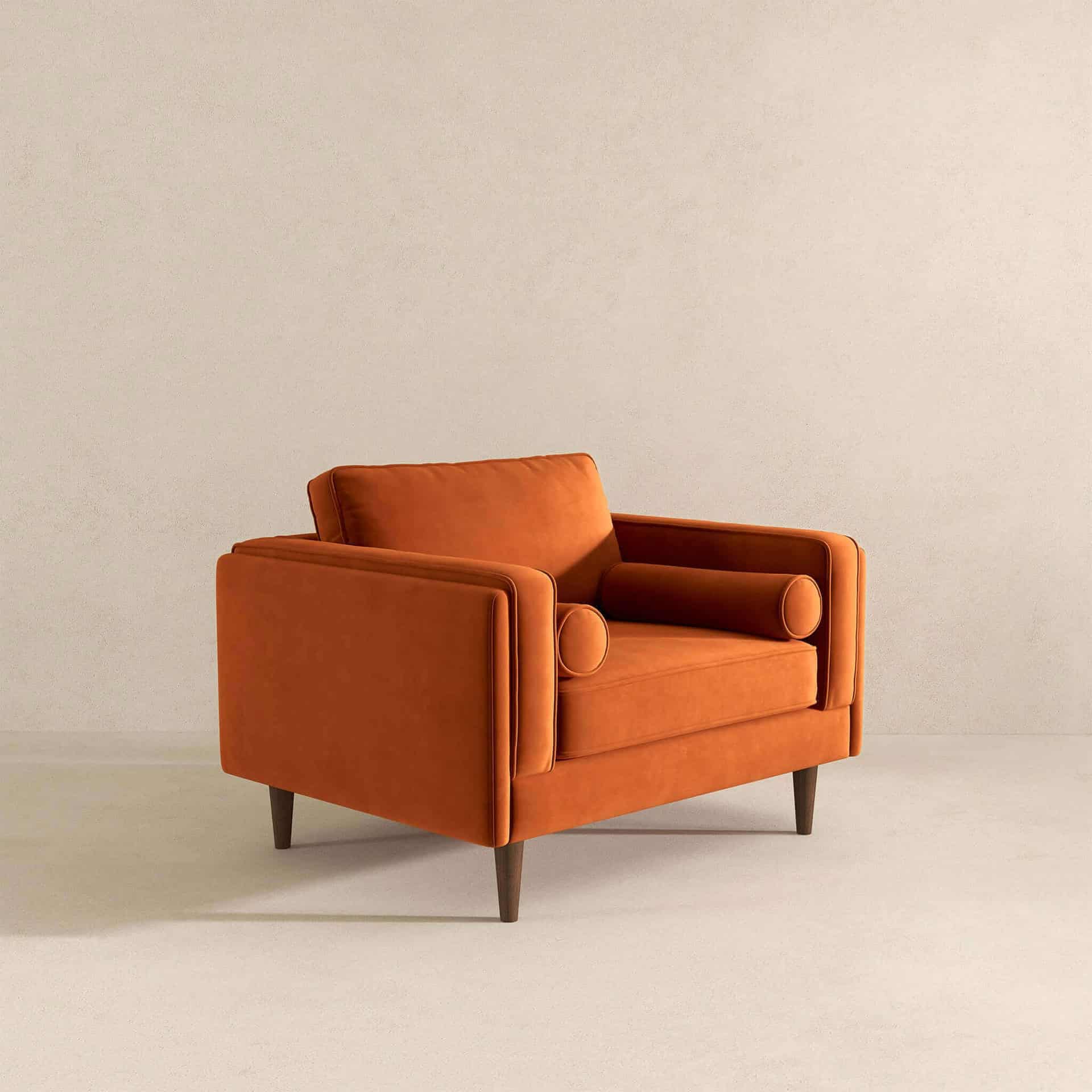 Orange Velvet Mid-Century Modern Lounge Chair with Walnut Legs