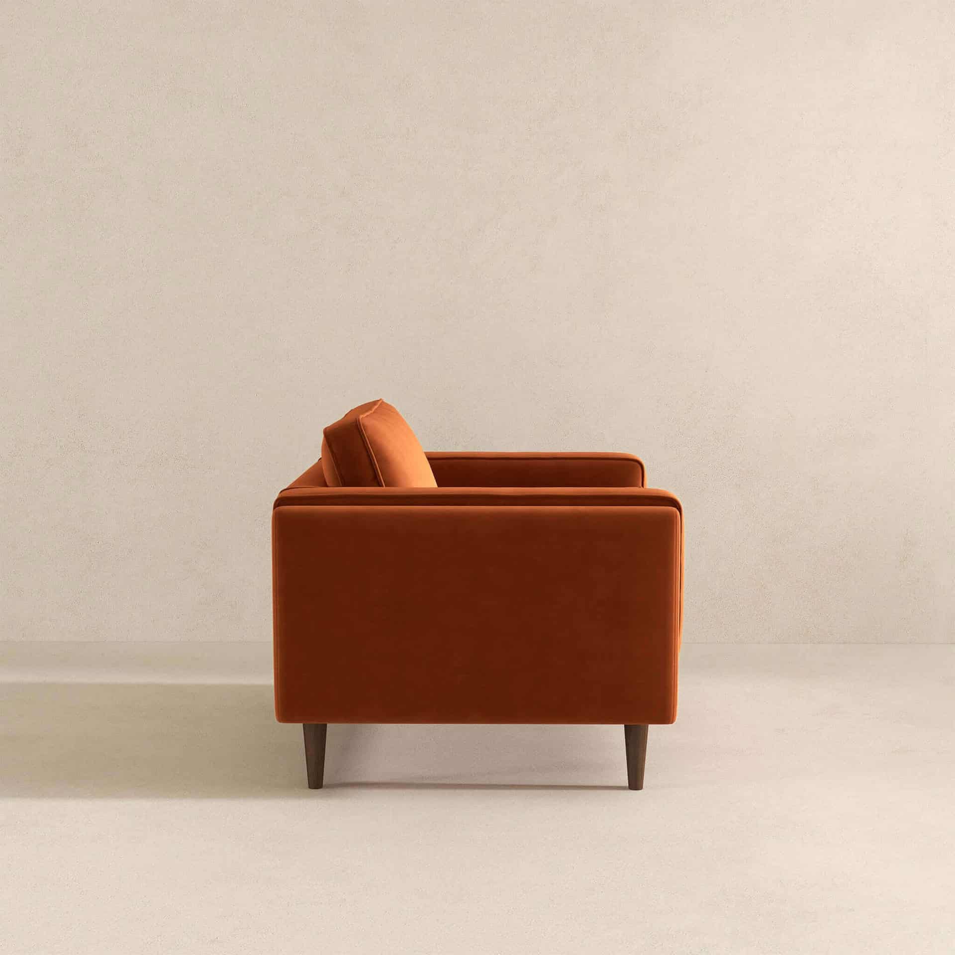 Orange Velvet Mid-Century Modern Lounge Chair with Walnut Legs
