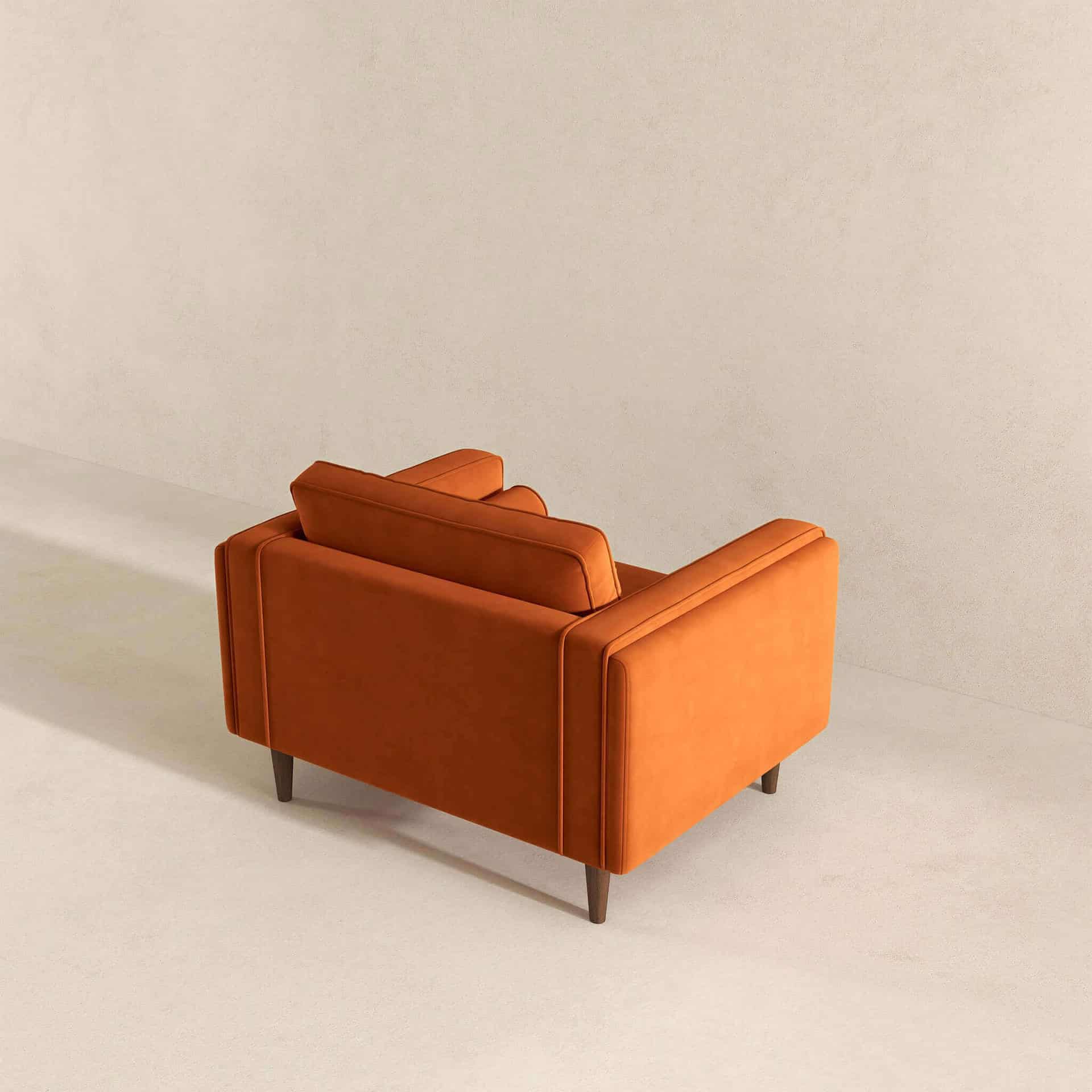 Orange Velvet Mid-Century Modern Lounge Chair with Walnut Legs