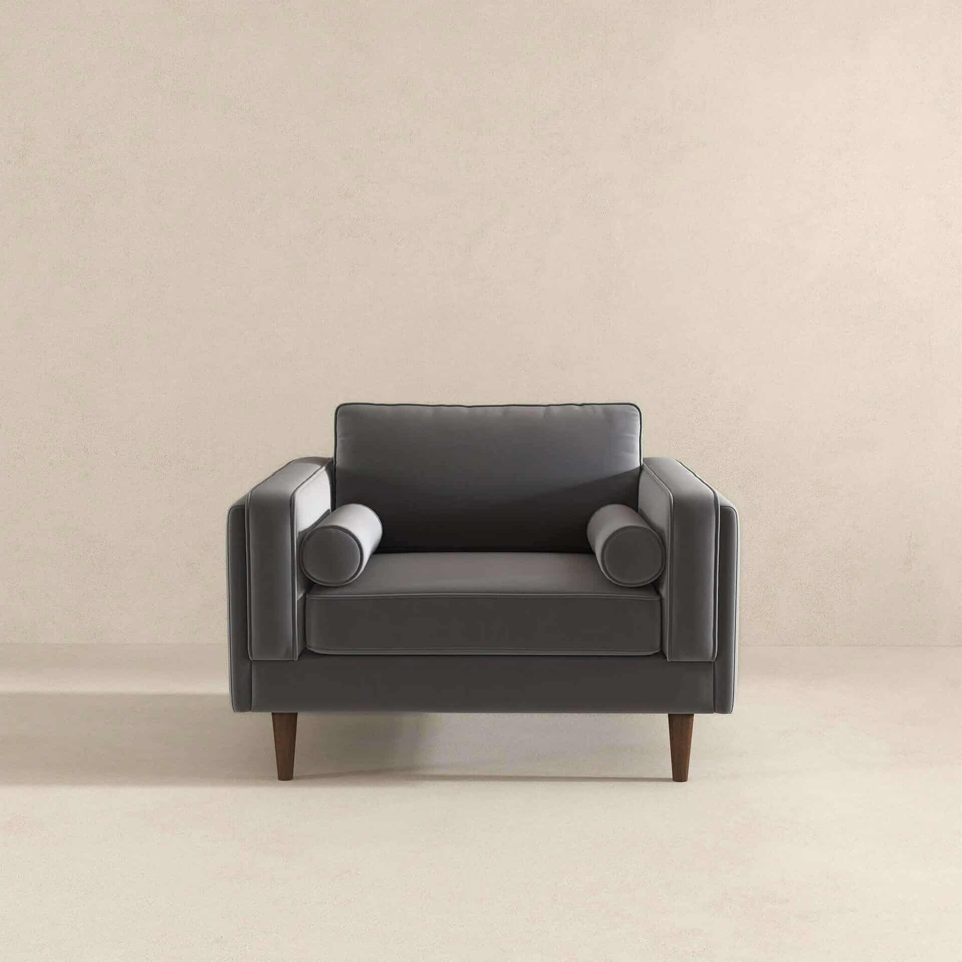 Grey Velvet Mid-Century Armchair with Walnut-Finished Legs